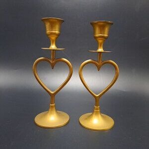 Vintage Brass Open Heart Candlestick Holders Pair